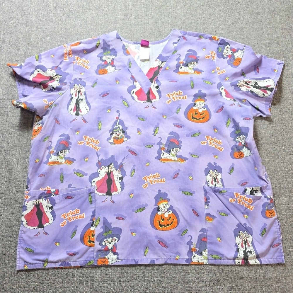 Disney Women's Scrub Top 2XHalloween Trick Treat 101 Dalmations Purple Tie